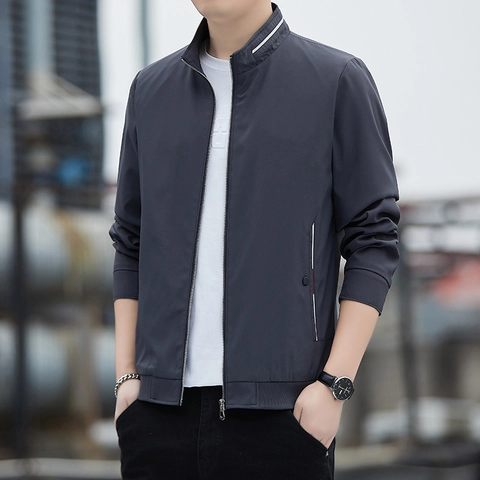 Men's Casual Stand Collar Jacket Polyester Windproof Outerwear Spring Autumn Lightweight Zipper Coat With Ribbed Cuffs And Hem