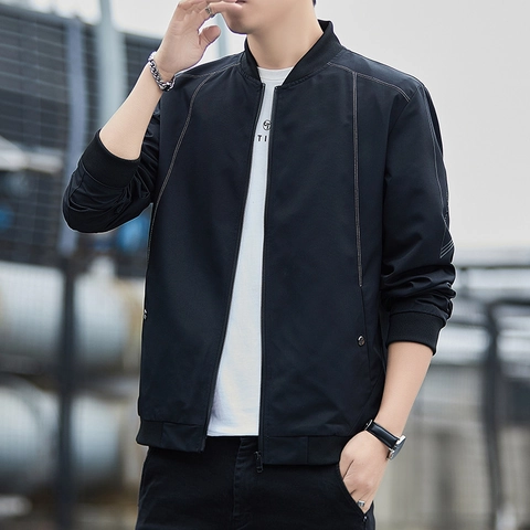 Casual Stand Collar Jacket Vinylon Polyester Waterproof Windproof Outdoor Bomber Outerwear Fashion Solid Zip Coat Youth