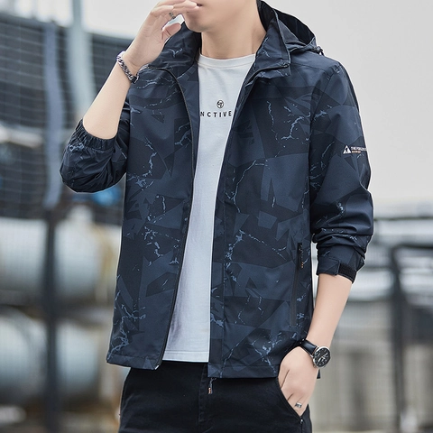 Men's Hooded Windbreaker Jacket Geometric Marble Print Polyester Zip Casual Outdoor Sporty Jacket Coat For Men Youth
