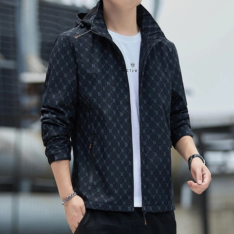 Chaqueta Cortavientos al Aire Libre para Hombre con Capucha Monograma de Letras Estampado Impermeabile Cortaviento Transpirable Abrigo Fino para Primavera Otoño