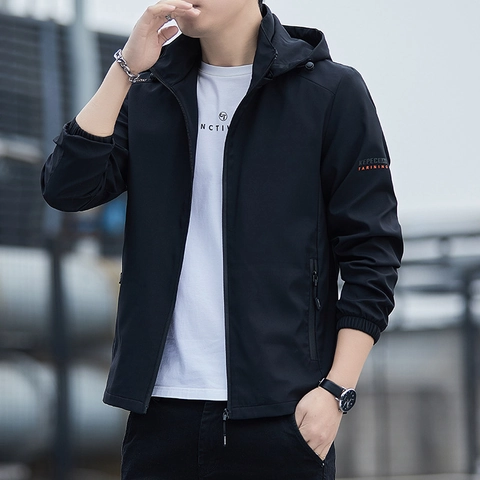 Men's Casual Hooded Jacket Windproof Polyester Zip Up Coat Solid Color Long Sleeve Outerwear For Daily Outdoor Urban Style