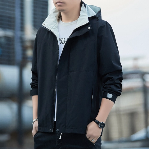 Men Hooded Casual Jacket Waterproof Windproof Outdoor Windbreaker Polyester Zip Up Work Coat Multi Pocket Fashion Outerwear