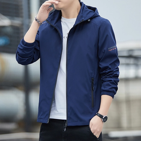 Men's Casual Hooded Jacket Windproof Polyester Zip Up Coat Solid Color Long Sleeve Outerwear For Daily Outdoor Urban Style