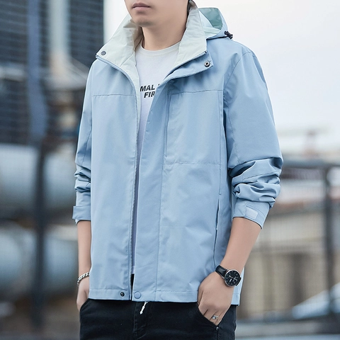 Men Hooded Casual Jacket Waterproof Windproof Outdoor Windbreaker Polyester Zip Up Work Coat Multi Pocket Fashion Outerwear