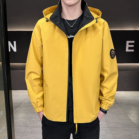 Veste Coupe-vent à Capuche pour Hommes Décontractée Printemps Automne Vêtement d'Extérieur Imperméable Couleur Unie Manches Longues Manteau