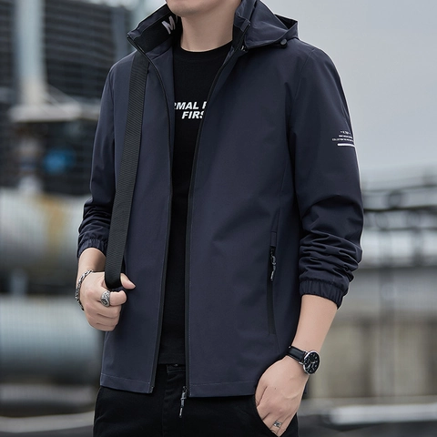 Chaqueta Casual con Capucha para Hombre Ropa de Exterior de Poliéster Resistente al Viento Moda Urbana Capucha Desmontable Abrigo con Cremallera