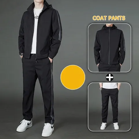 Tuta Sportiva da Uomo Casual Giacca Con Cappuccio e Cerniera e Pantaloni Dritti Con Strisce a Contrasto per Primavera Autunno