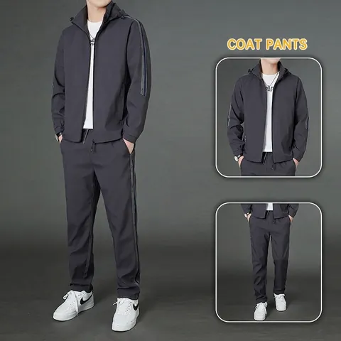 Tuta Sportiva da Uomo Casual Giacca Con Cappuccio e Cerniera e Pantaloni Dritti Con Strisce a Contrasto per Primavera Autunno