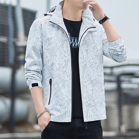 Chaqueta con Capucha para Hombre Outdoor 100% Poliéster Impermeable Resistente al Viento Transpirable Abrigo con Cremallera y Estampado de Hojas Tropicales para Senderismo
