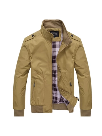 Chaqueta Casual para Hombre con Cuello Alzado Cortavientos Poliéster Forro de Cuadros Charreteras Moda Exterior Cremallera