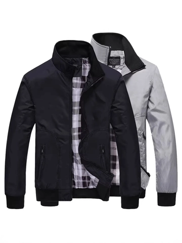 Men Casual Stand Collar Jacket Windproof Polyester Bomber Coat With Plaid Lining Ribbed Trim Outerwear For Spring Autumn