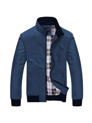 Men Casual Stand Collar Jacket Windproof Polyester Bomber Coat With Plaid Lining Ribbed Trim Outerwear For Spring Autumn