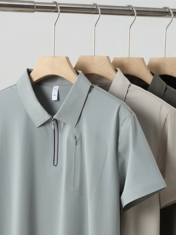 Herren Schnelltrocknend EisSatin Polo Shirt Nylon Elasthan Reißverschluss Kragen Versteckte Tasche Business Kurzarm Kühlendes Shirt