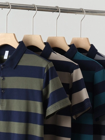Polo de Rayas para Hombre Mezcla de Algodón Manga Corta Transpirable Casual de Negocios Corte Entallado Solapa