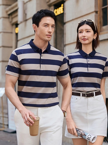 Polo de Rayas para Hombre Mezcla de Algodón Manga Corta Transpirable Casual de Negocios Corte Entallado Solapa