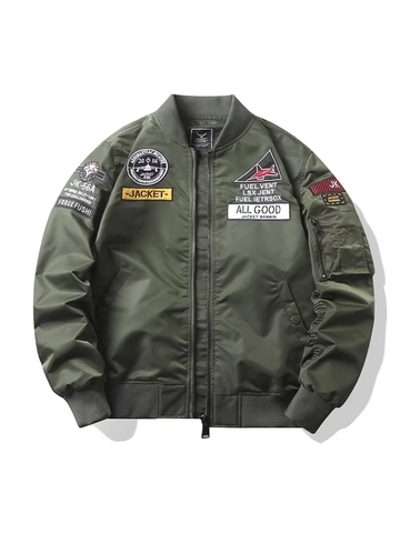Veste Bomber Homme Style Militaire Rétro Blouson Aviateur Écussons Brodés Bords-Côtes Décontracté Baseball Printemps Automne