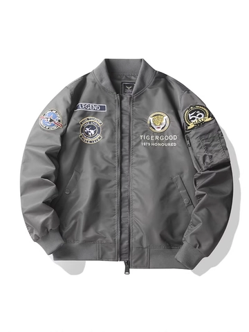 Men's American Vintage Flight Nylon Bomber Jacket With Tiger Head Embroidery Patches Retro MA-1 Windproof Casual Outerwear