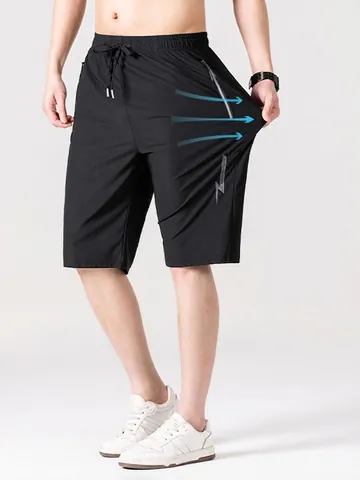 Men Sport Shorts Ice Satin Nylon Spandex Quick Dry Breathable Elastic Waist Sporty Bottoms With Zipper Pockets For Summer Gym Running