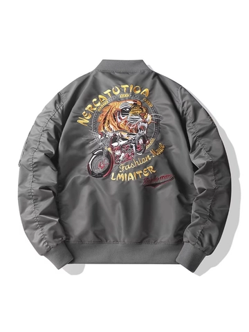 Men's American Vintage Flight Nylon Bomber Jacket With Tiger Head Embroidery Patches Retro MA-1 Windproof Casual Outerwear