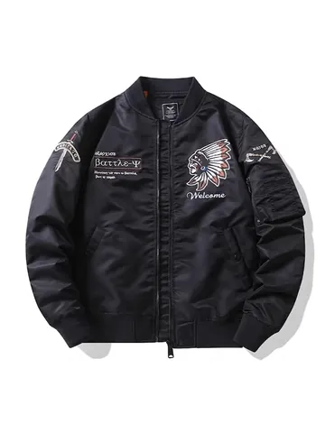 Blouson d'Aviateur MA-1 pour Hommes Coupe-vent en Nylon Broderie Lourde Chef Indien Bomber Style Militaire Rétro Manteau