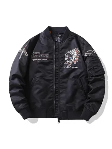 Blouson d'Aviateur MA-1 pour Hommes Coupe-vent en Nylon Broderie Lourde Chef Indien Bomber Style Militaire Rétro Manteau