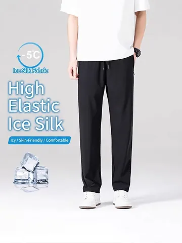 Pantaloni Casual da Uomo in Raso di Ghiaccio Nylon Spandex Alta Elasticità Raffreddamento Estate Traspirante Slim Fit Dritti Jogger Abbigliamento Uomo