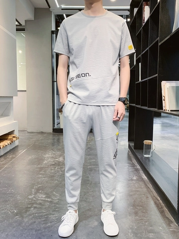 Completo Casual Uomo Raso Ghiaccio Estate Maglietta Maniche Corte Traspirante E Pantaloni Jogger Tenuta Sportiva Due Pezzi