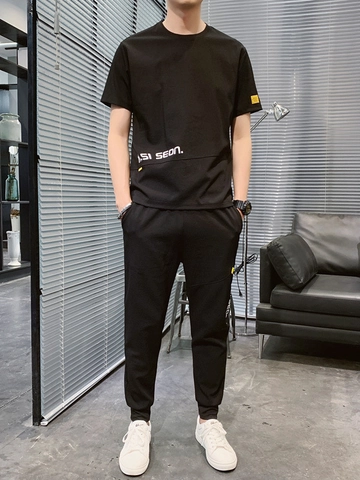 Completo Casual Uomo Raso Ghiaccio Estate Maglietta Maniche Corte Traspirante E Pantaloni Jogger Tenuta Sportiva Due Pezzi
