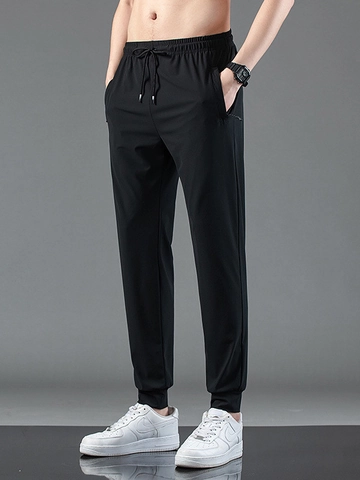 Men's Ice Satin Quick-Dry Pants Lightweight Breathable Summer Casual Joggers Straight Leg Sweatpants With Zipper Pockets