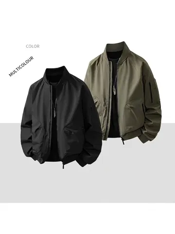 Men Casual Bomber Jacket Polyester Windproof Fabric Ribbed Stand Collar Solid Color Long Sleeve Outwear For Daily Wear