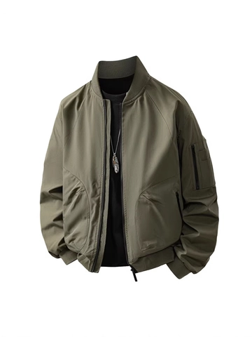 Men Casual Bomber Jacket Polyester Windproof Fabric Ribbed Stand Collar Solid Color Long Sleeve Outwear For Daily Wear