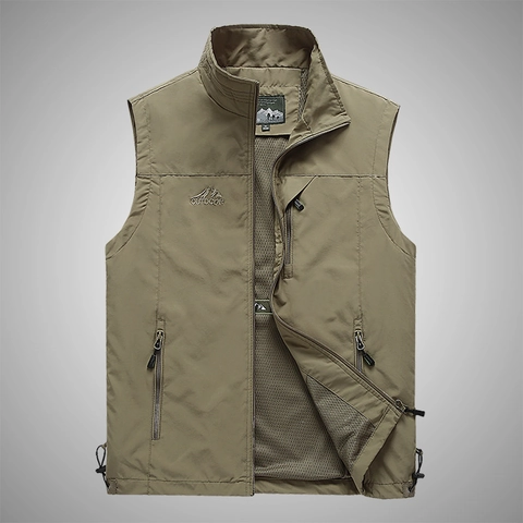 Herren Outdoor Multi Tasche Angelweste Stehkragen Reißverschluss Atmungsaktiv Netzfutter Fotografie Workwear Gilet Weste Locker