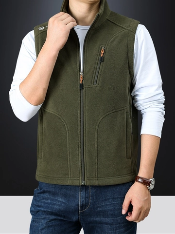 Men Polar Fleece Vest Stand Collar Warm Lightweight Gilet Zipper Multi-Pockets Outdoor Casual Sleeveless Jacket Winter