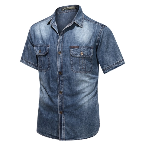 Men Short Sleeve Denim Shirt Vintage Washed Cotton Casual Button Up Work Shirt Double Pockets Turn Down Collar Outwear