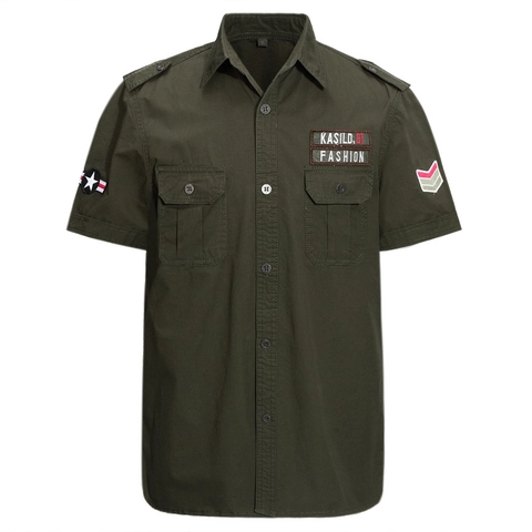 Camisa Militar Cargo de Algodón para Hombre Manga Corta Casual Ajuste Regular Camisa de Trabajo con Botones y Charreteras