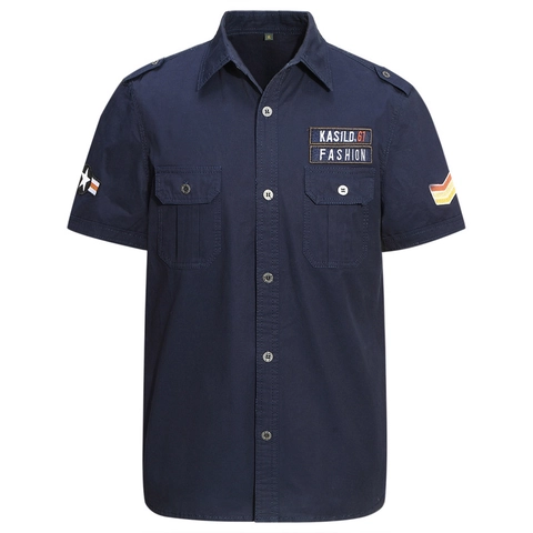 Camisa Militar Cargo de Algodón para Hombre Manga Corta Casual Ajuste Regular Camisa de Trabajo con Botones y Charreteras