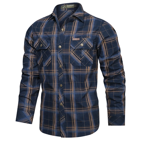 Camicia a Quadri da Uomo a Manica Lunga in Puro Cotone Stile Outdoor Casual con Doppie Tasche e Bottoni per Uomo e Giovani