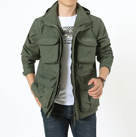 Chaqueta Utilitaria de Exterior para Hombre Con Mangas y Capucha Desmontables Multi-bolsillos Cortavientos Táctico Casual Abrigo