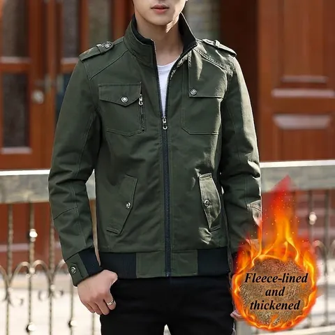 Herren Militärjacke Mit Fleecefutter Warmer Baumwollmantel Stehkragen Workwear Jacke Mit Schulterklappen Große Größen Winterbekleidung