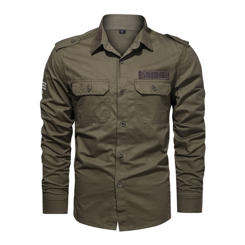 Men Long Sleeve Workwear Shirt Cotton Tactical Military Style Button Down Tops With Shoulder Epaulets And Dual Chest Pockets