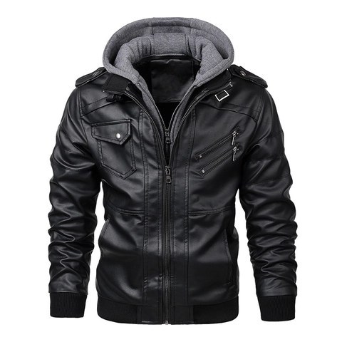 Men PU Leather Motorcycle Jacket With Detachable Hood Slim Fit Zip Up Casual Hooded Biker Coat Ribbed Cuffs Outerwear