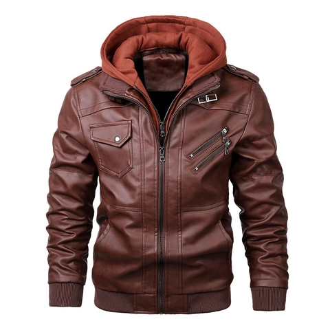 Men Vintage PU Leather Motorcycle Jacket With Detachable Hood Windproof Zipper Multi Pocket Casual Biker Fashion Outerwear