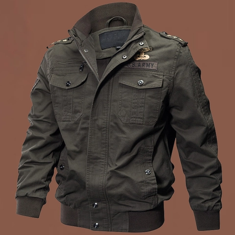 Herren Militärisches Cargo Jacke Baumwolle Gewaschen Stehkragen Mehrfachtaschen Taktisch Pilot Mantel Armee Stil Winddicht
