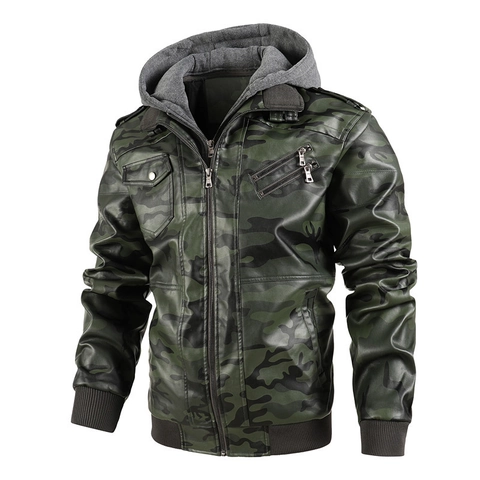 Men's Winter Camouflage Hooded PU Leather Jacket Casual Moto Detachable Hood Faux Leather Coat Outwear Printed Windproof Top