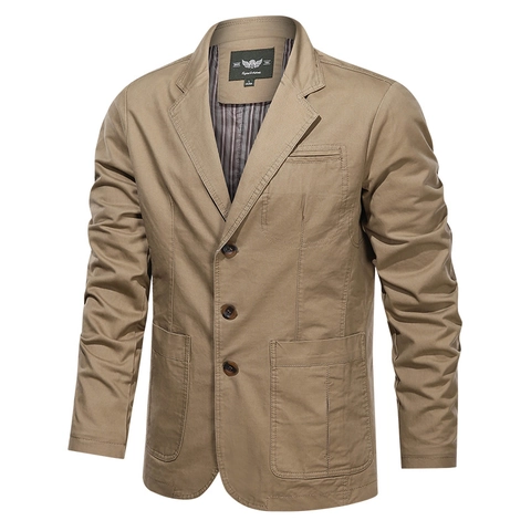 Blazer Casual de Algodón para Hombre Solapa de Muesca Vintage Chaqueta de Traje de Negocios Tres Botones Bolsillos de Parche