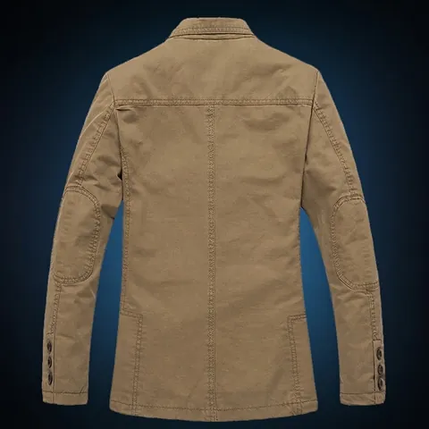 Blazer Casual de Algodón para Hombre Solapa de Muesca Vintage Chaqueta de Traje de Negocios Tres Botones Bolsillos de Parche