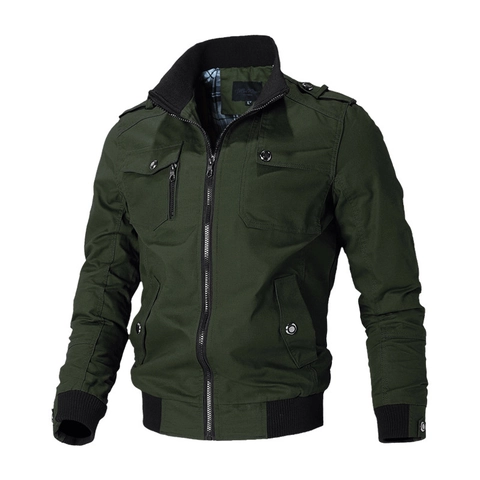 Men Military Style Cotton Jacket Slim Fit Stand Collar Multi-Pocket Cargo Jacket Vintage Casual Pilot Bomber Outerwear Top