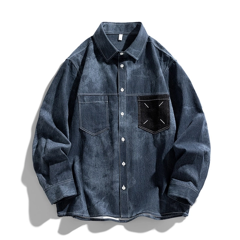 Camisa de Denim de Algodón Pesado de Alta Calidad Manga Larga Costuras en Contraste Corte Holgado Estilo Ropa de Trabajo para Hombre Mujer Camisa Casual Retro