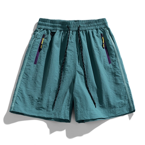 Men Quick Dry Nylon Cargo Shorts Contrast Zipper Elastic Waist Outdoor Summer Breathable Five Point Shorts For Casual Wear