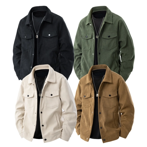 Men Retro Corduroy Jacket Retro Workwear Style Button Up Lapel Collar Outerwear Casual Long Sleeve Coat For Spring Autumn